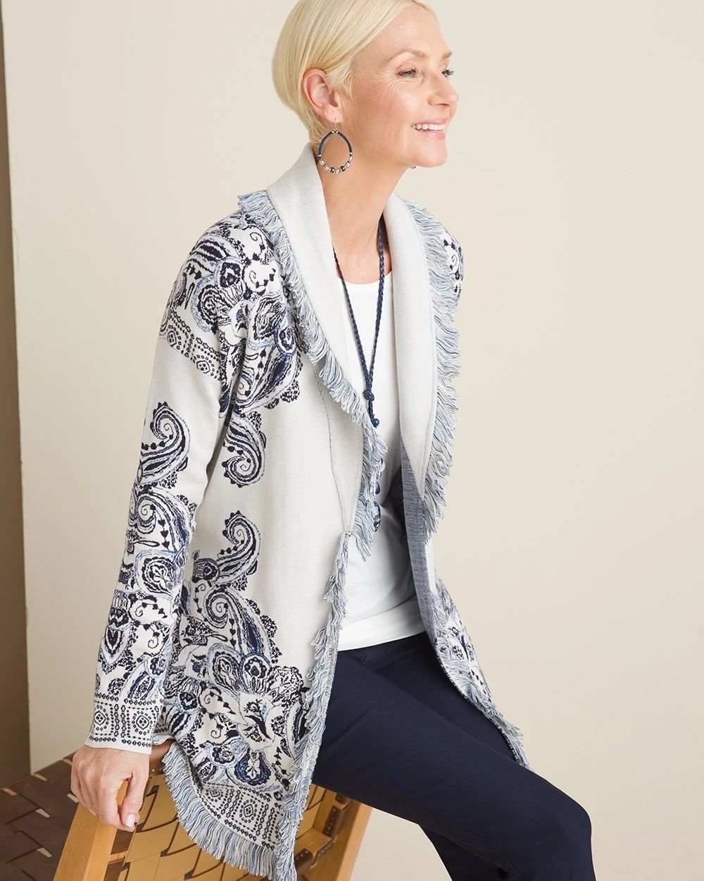 Paisley Jacquard Fringe Shawl Cardigan | Chico's